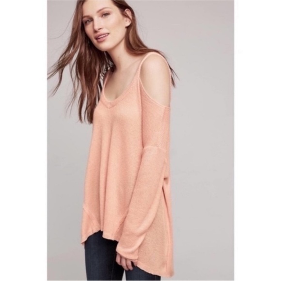 Anthropologie Deletta Millipa Peach Oversized Boho Cold-Shoulder Knit Sweater - Picture 1 of 13